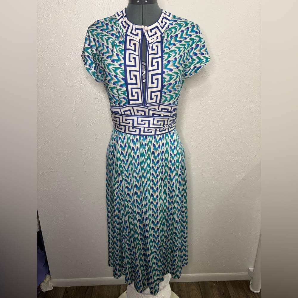 Diane Von Furstenberg Geometric Blue and Green Midi Dress